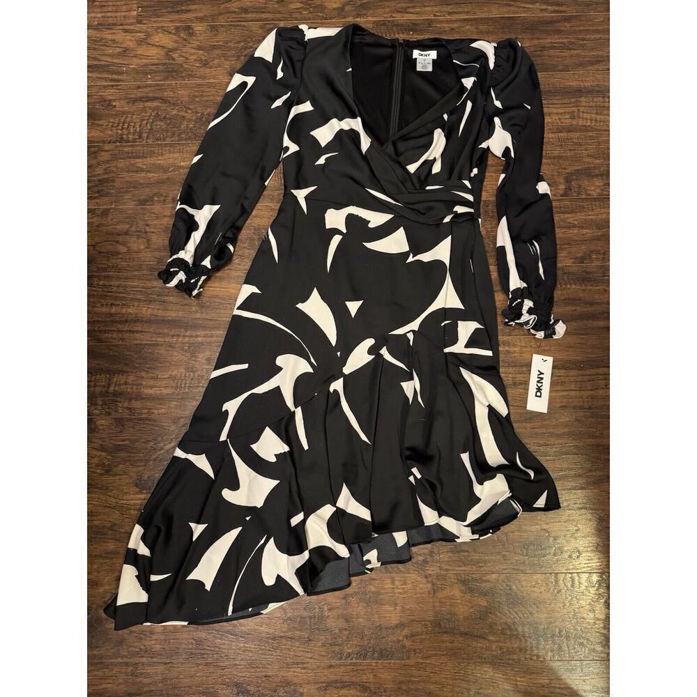 DKNY Women's Black Eggshell Abstract Asymmetrical Hem Long Sleeve Dress 4